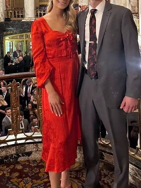 Vibrant Red Long-Sleeve Tie-Front Midi Dress